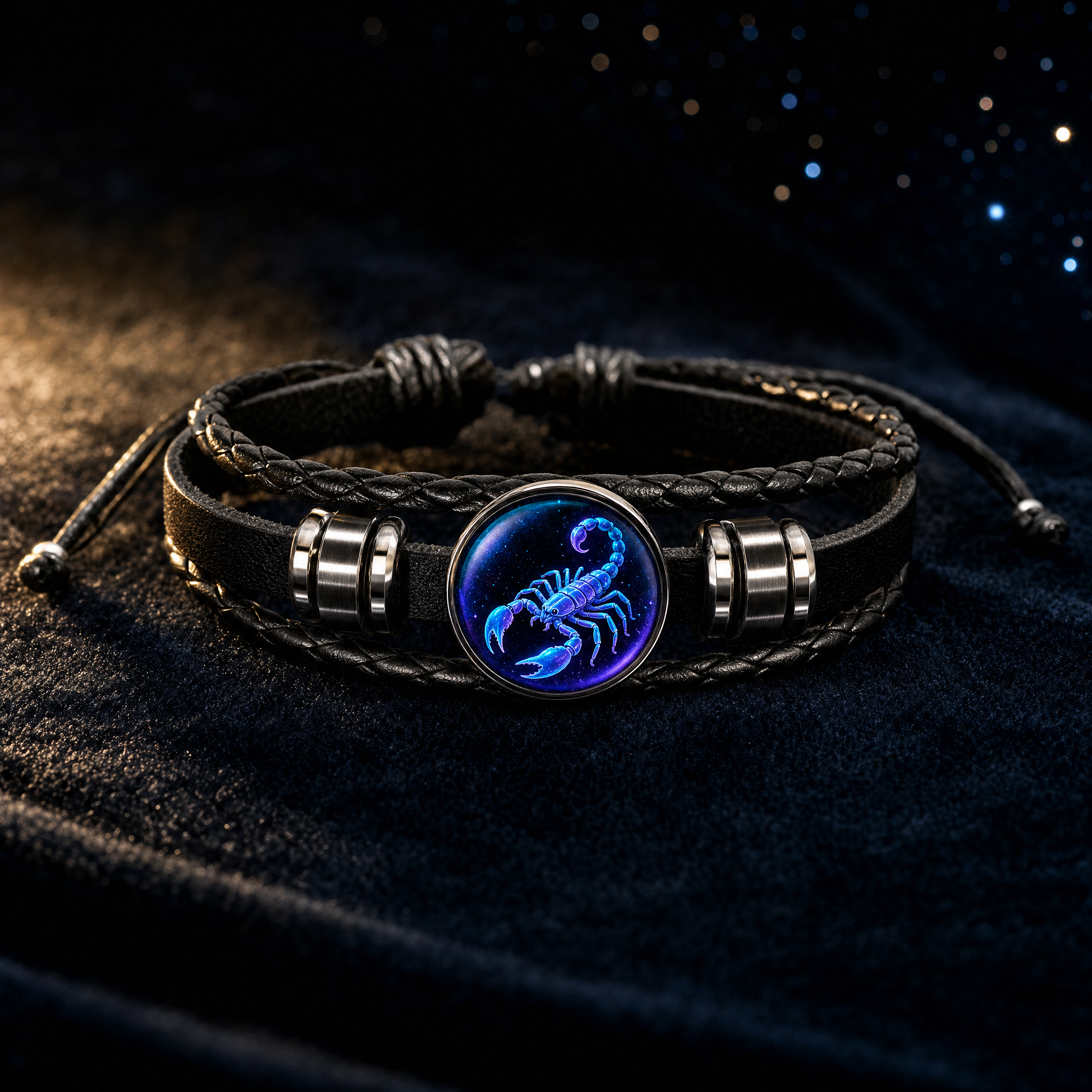 Constellation bracelet under a warm key light with star bokeh