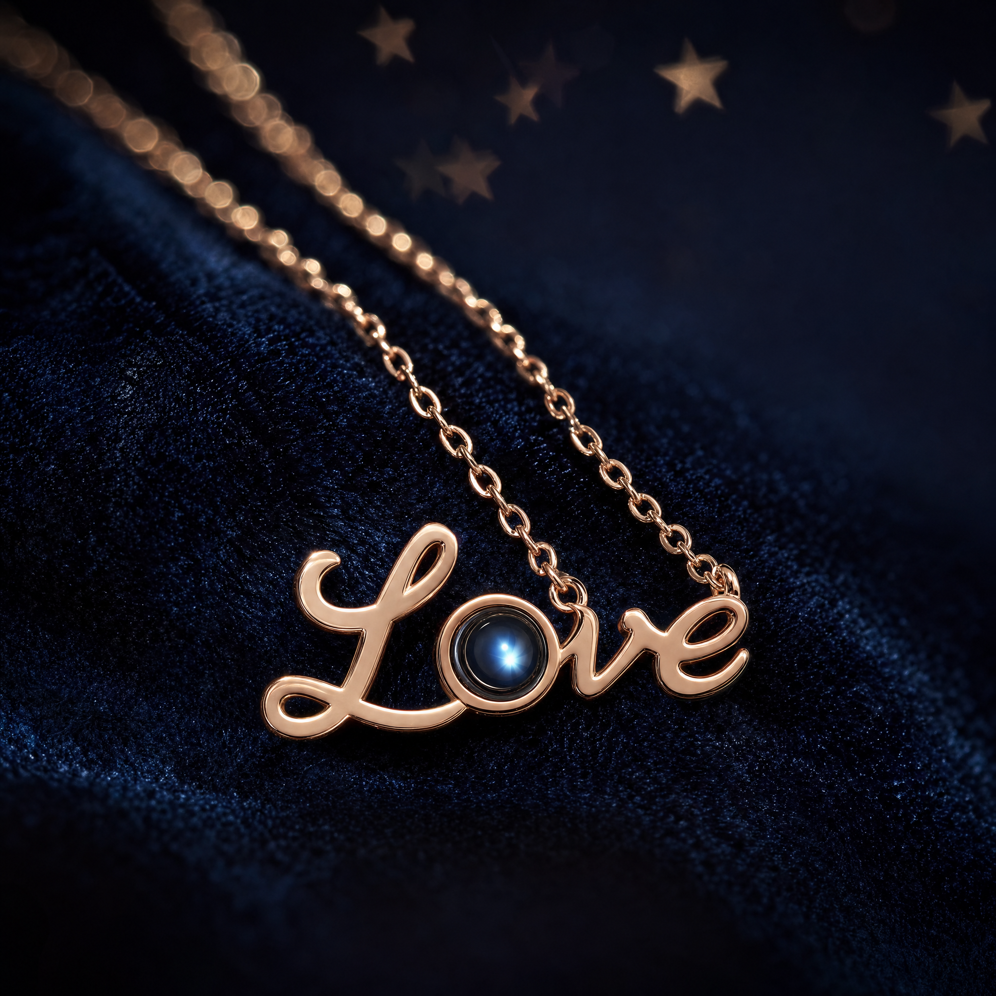 Projection necklace draped with star bokeh behind