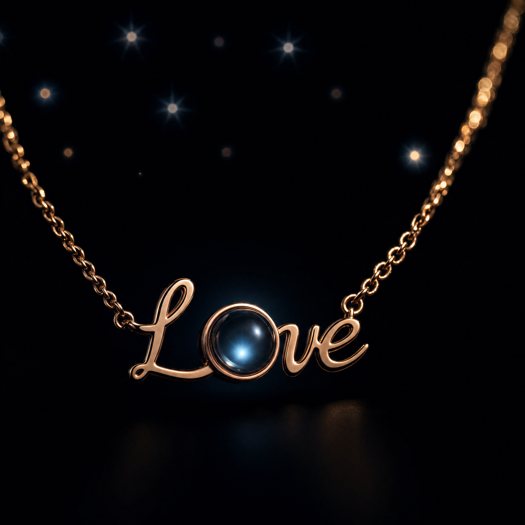 Croaix Projection Necklace with its lens catching the light