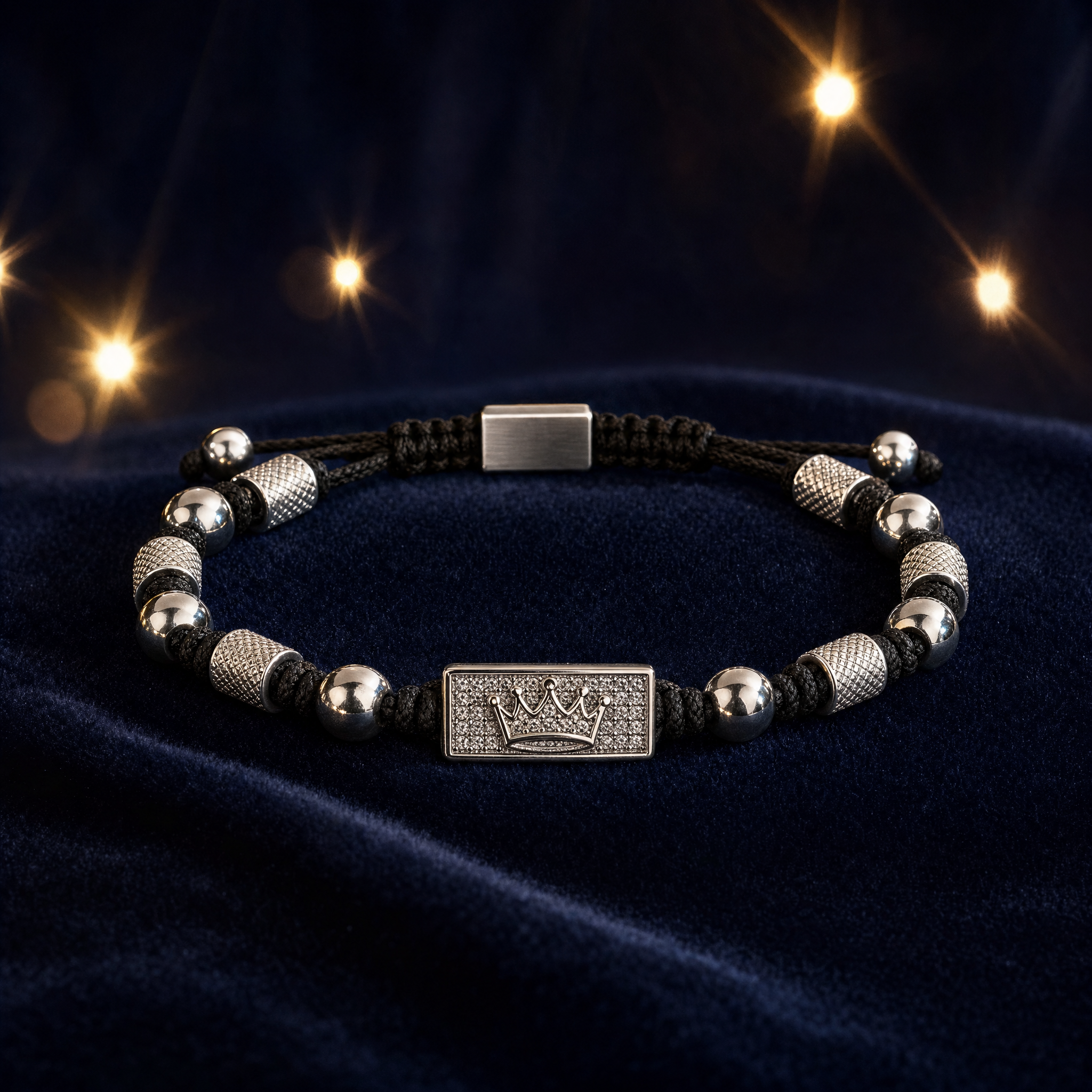 Croaix Crown Bracelet with pavé crown plate on midnight velvet