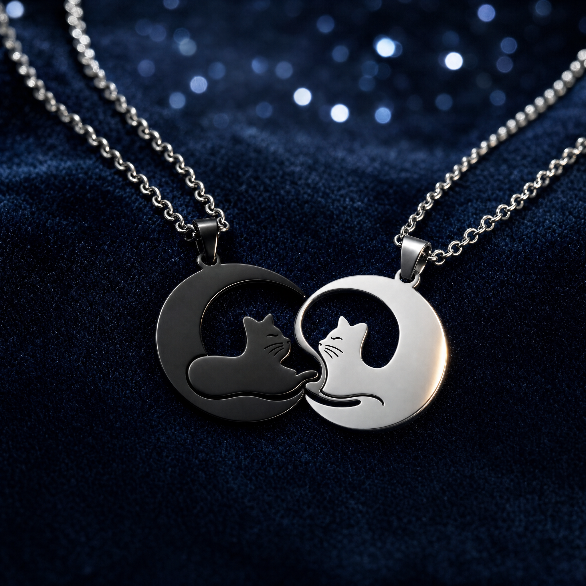 Croaix Two Cats Necklace — black and silver pair facing each other