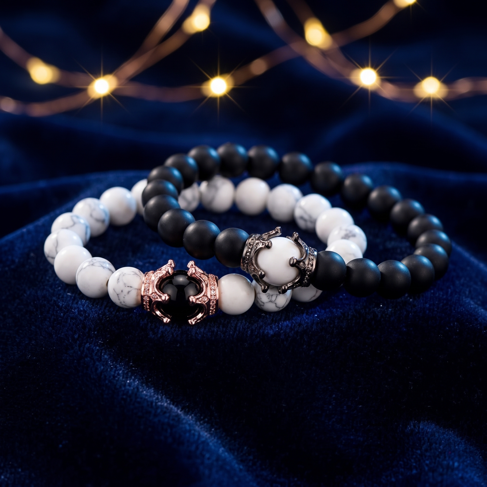 Croaix King & Queen crown bracelets on midnight blue velvet with golden lights